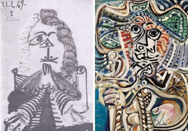 A la izquierda, la obra robada 'Un mosquetero' y, a la derecha, 'Mosquetero con espada' colgada en el Museo Picasso Málaga.